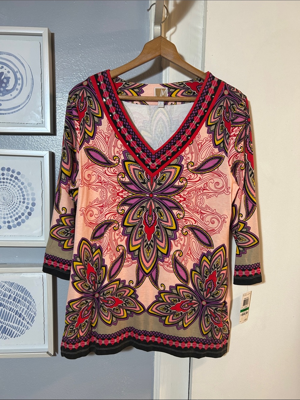 JM Collection Women’s Multicolor Paisley-Print V-Neck Tunic Size L NWT
